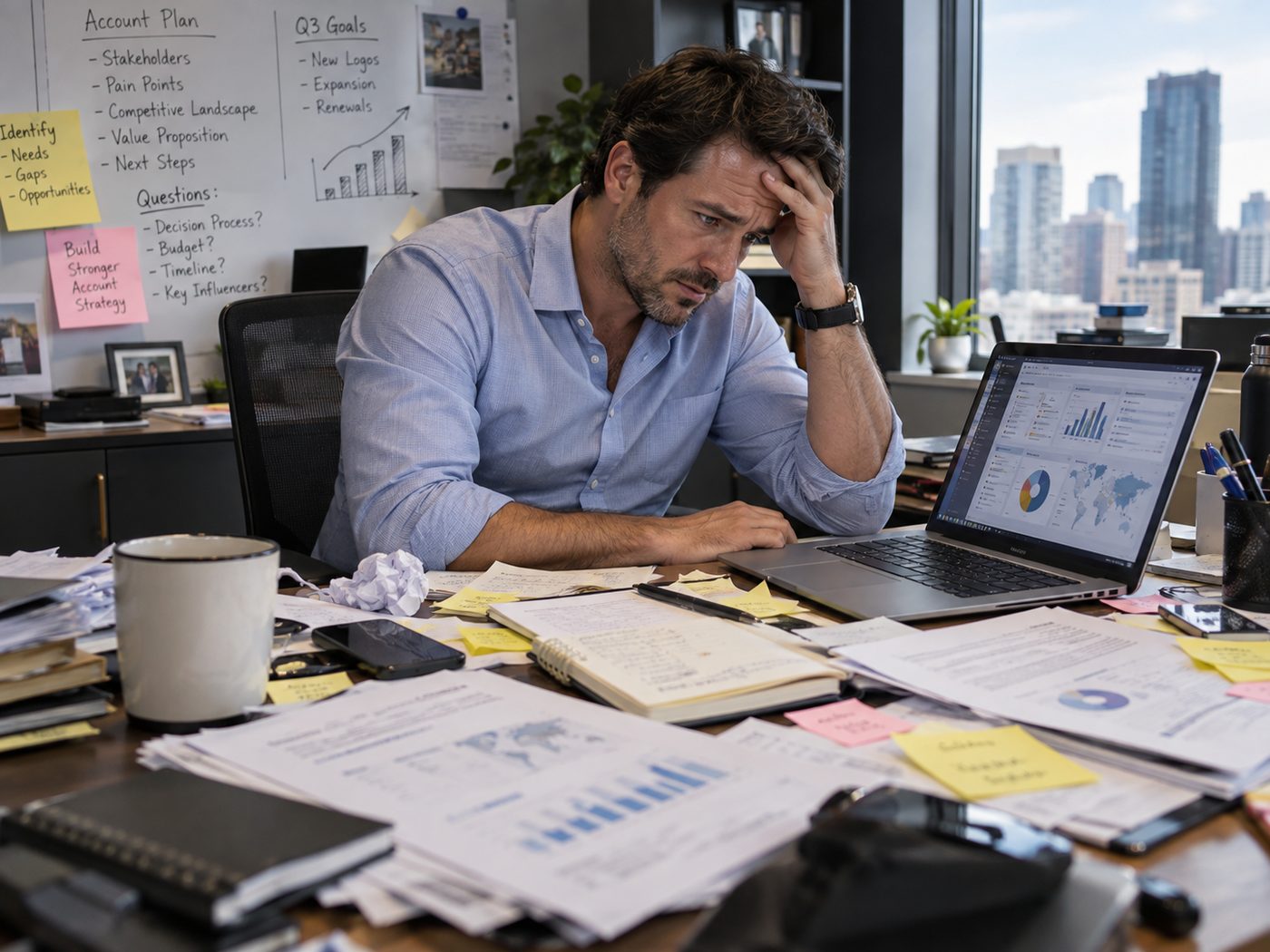 A salesperson overwhelmed at a desk, buried in filings, notes, and dashboards