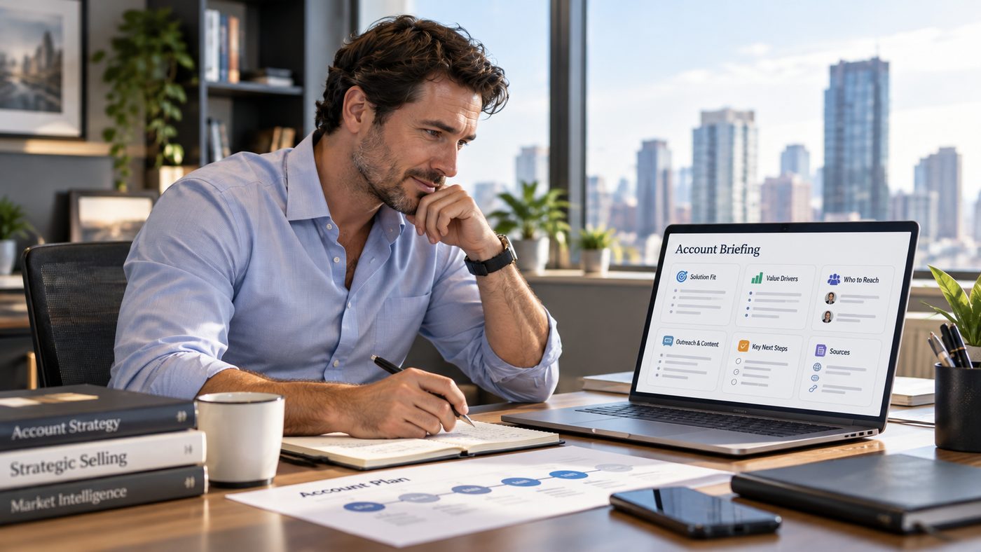 A sales rep reviewing a Recon account briefing on a laptop: solution fit, value drivers, who to reach, outreach, next steps, and sources